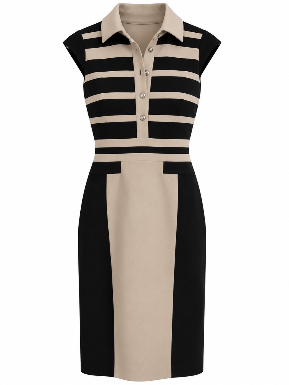 Karen Millen Black and Beige Striped Cap-Sleeve Sheath Dress